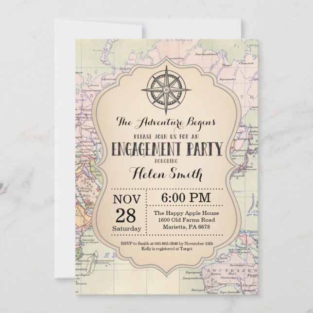 Adventure Engagement Party Map Travel World Invitation (Front)