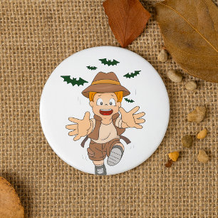 Adventure Explorer Kid Running from Bats 7.5 Cm Round Badge