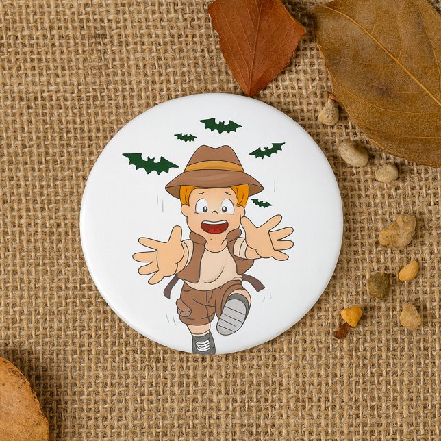 Adventure Explorer Kid Running from Bats 7.5 Cm Round Badge (Creator Uploaded)