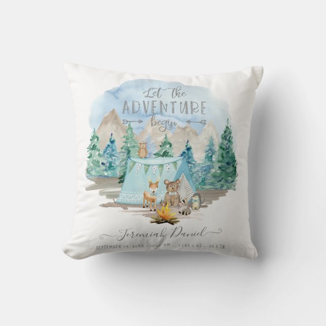 Adventure Forest Animals Camp Baby Boy Birth Stats Cushion (Front)