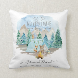 Adventure Forest Animals Camp Baby Boy Birth Stats Cushion