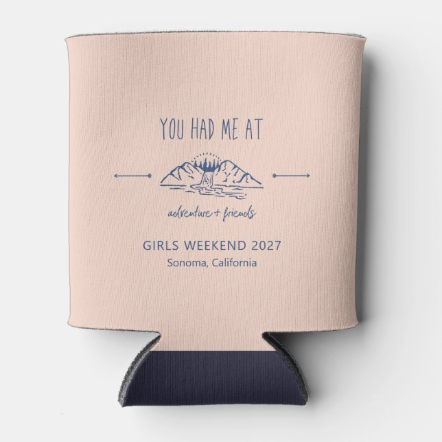 Adventure + Friends Girls Weekend Getaway Custom Can Cooler (Front)