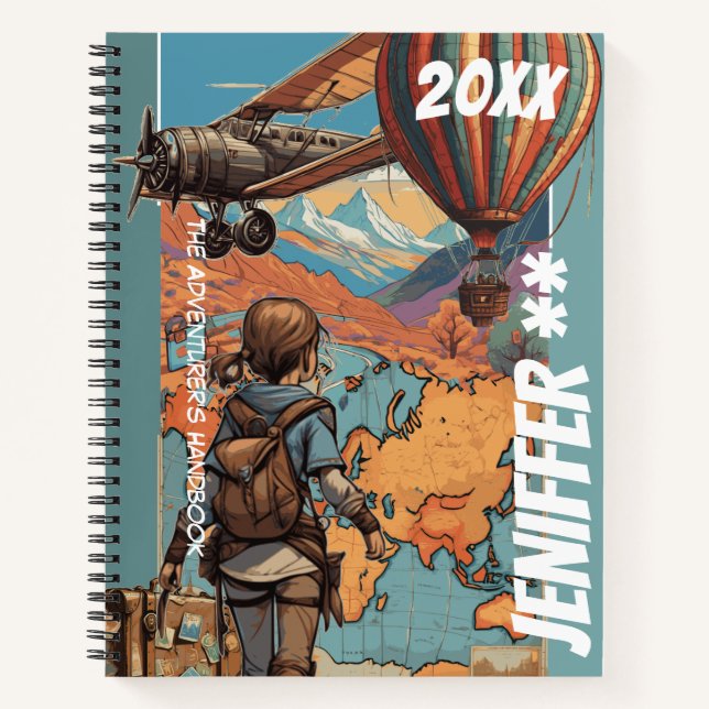 Adventure Girl Notebook, Personalised Travel Theme Notebook (Front)