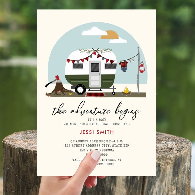 Adventure Green Camper Lumberjack Baby Shower Invitation (Creator Uploaded)