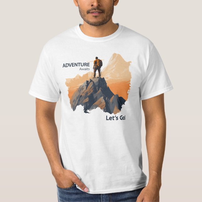 Adventure Hiking, Adventure Awaits, Let’s Go! T-Shirt (Front)