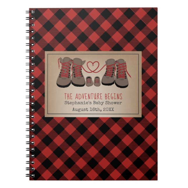 Adventure Hiking Boots Plaid Baby Shower Guestbook Notebook (Front)