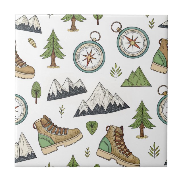 Adventure Hiking Seamless Pattern Ceramic Tile (Front)