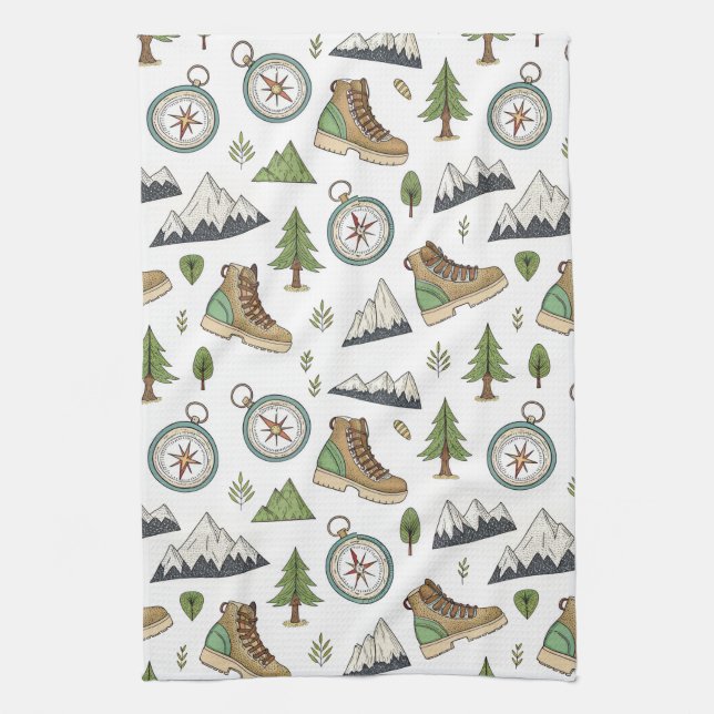Adventure Hiking Seamless Pattern Tea Towel (Vertical)