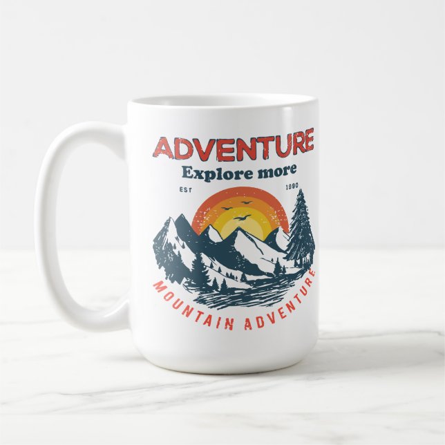 Adventure Horizon: Retro Mountain Expedition Coffee Mug (Left)