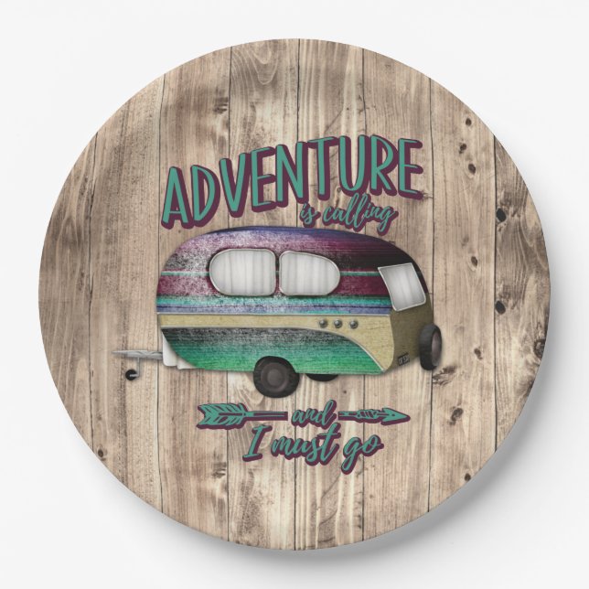 Adventure Is Calling And I must Go Mint Purple Cam Paper Plate (Front)