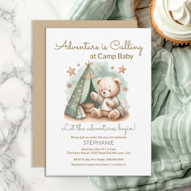 Adventure is Calling Camp Baby Shower Invitation (Adventure Awaits at Camp Baby cute teddy bear baby shower invitation. Gender neutral.)