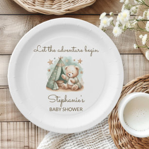 Adventure is Calling Teddy Bear Baby Shower Paper Plate