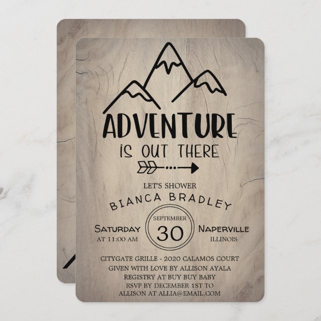 Adventure Is Out There Wood Mountain Baby Shower Invitation (Front/Back)