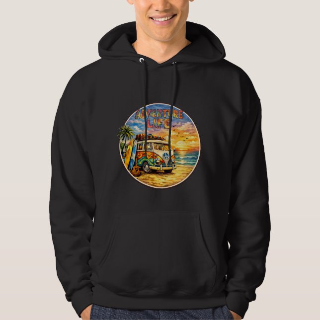 Adventure Life Retro Hippie Beach Sunset Graphic Hoodie (Front)