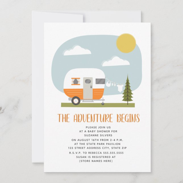 Adventure Orange Camper Clothesline Baby Shower Invitation (Front)