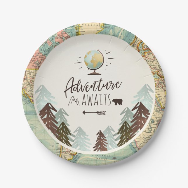 Adventure Paper Plates Travel World map Shower (Front)