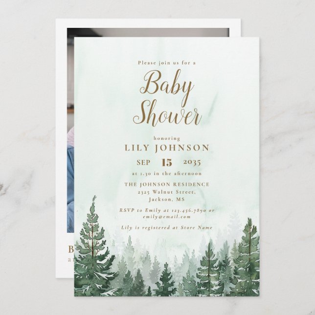 Adventure Pine Forest Baby Shower Photo QR Code Invitation (Front/Back)