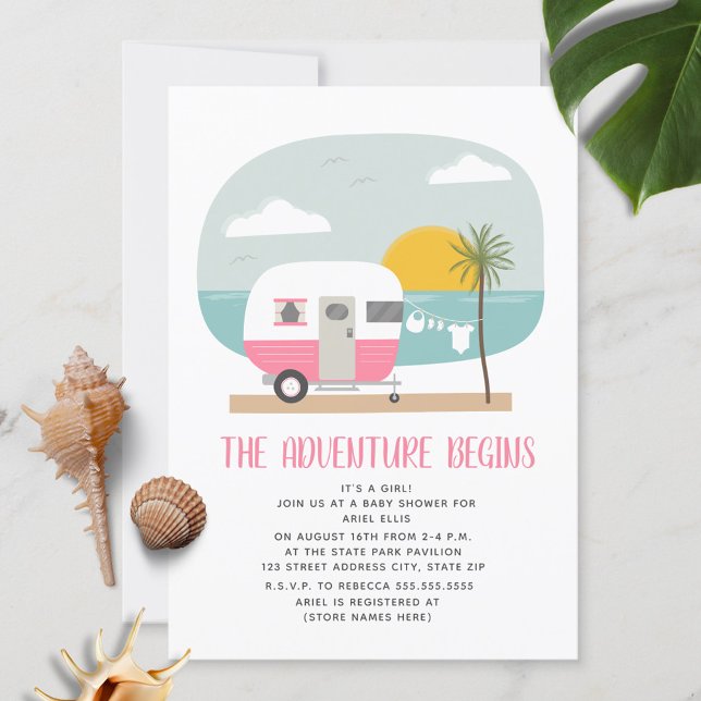 Adventure Pink Camper Beach Girl Baby Shower Invitation (Creator Uploaded)