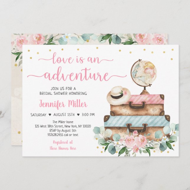 Adventure Pink Floral Travel Bridal Shower Invitation (Front/Back)
