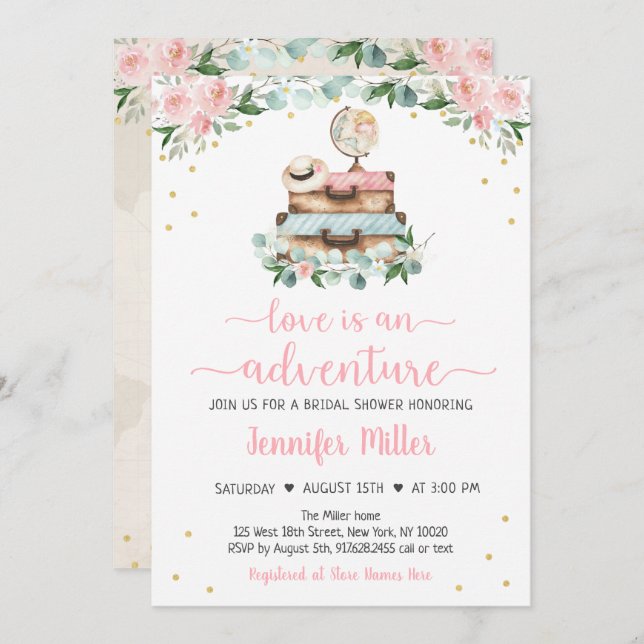 Adventure Pink Gold Floral Travel Bridal Shower In Invitation (Front/Back)