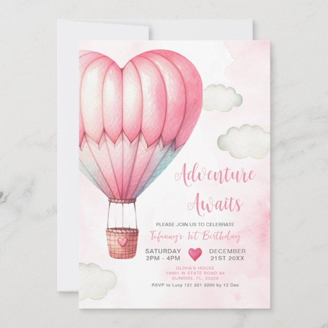 Adventure Pink Hot Air Balloon Baby Shower  Invitation (Front)