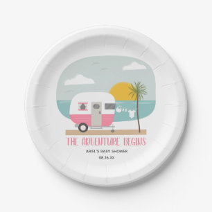 Adventure Pink Retro Beach Camper Girl Baby Shower Paper Plate