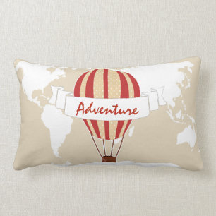 Adventure Red Hot Air Balloon & World Map Lumbar Cushion