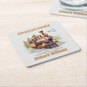 Adventure Retirement Vintage Train Mountains  Square Paper Coaster