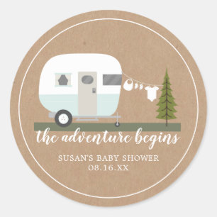 Adventure Retro Camper Trailer Blue Baby Shower Classic Round Sticker