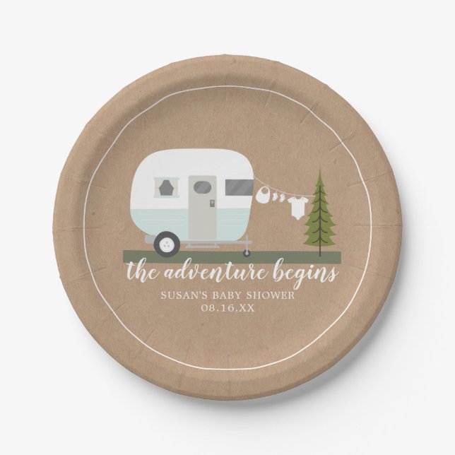 Adventure Retro Camper Trailer Boy Baby Shower Paper Plate (Front)