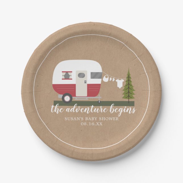 Adventure Retro Camper Trailer Neutral Baby Shower Paper Plate (Front)