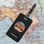 Adventure retro mountains black leather texture luggage tag<br><div class="desc">Black faux leather print as background. Decorated with a retro style image with mountains,  trees and birds.  With the text: Adventure. Personalise and add your name on the front.  Your contact information on the back.</div>