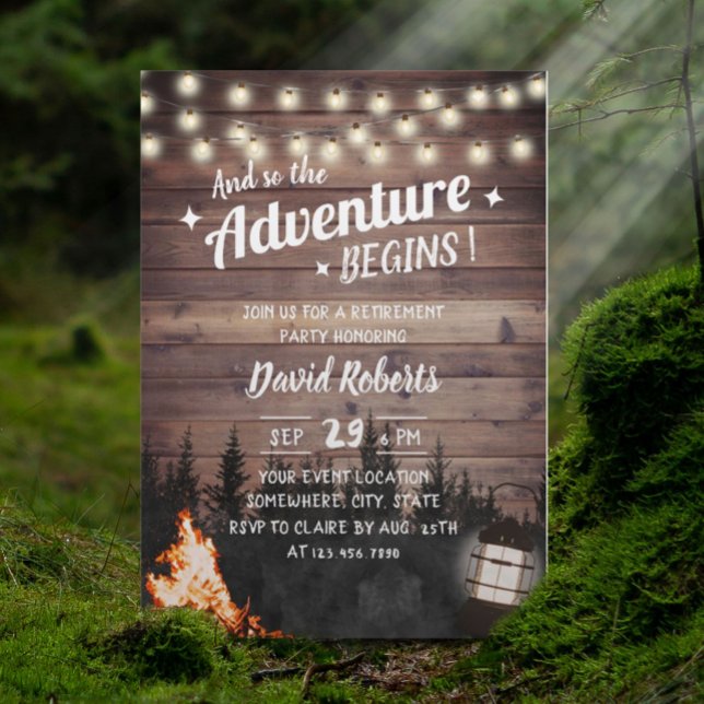 Adventure Rustic Forest Bonfire Lantern Retirement Invitation (Creator Uploaded)