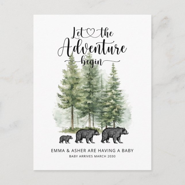 Adventure Rustic Watercolor Bears Pregnancy  Announcement Postcard (Front)