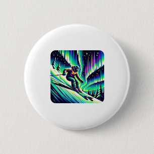Adventure skiing under northern lights 6 cm round badge