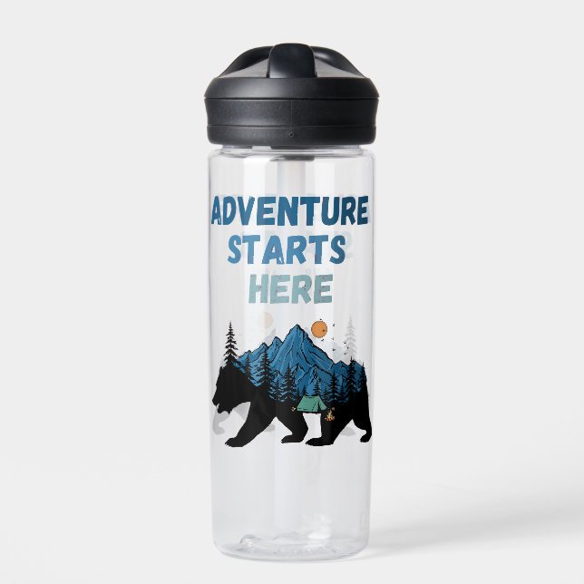 Adventure Starts Here Bear Silhouette Camping Water Bottle (Front)