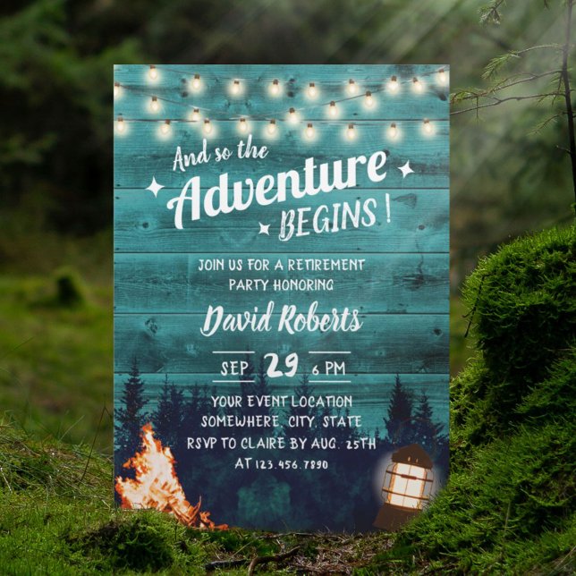 Adventure Teal Forest Bonfire Lantern Retirement Invitation (Creator Uploaded)