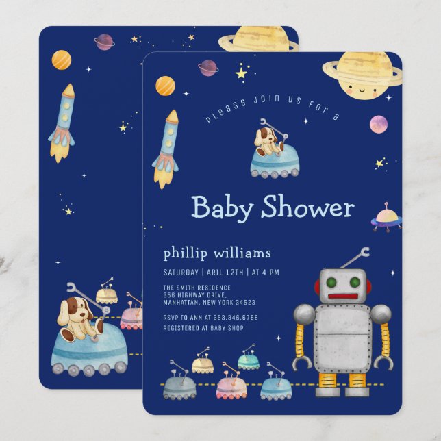 Adventure Toy Robot Boy Outer Space Baby Shower Invitation (Front/Back)