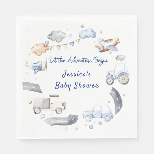 Adventure Transportation Boy Baby Shower  Napkin (Front)