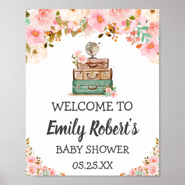 Adventure Travel Floral Greenery Girl Baby Shower  Poster (Front)