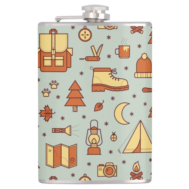Adventure travel icons, seamless pattern. hip flask (Front)