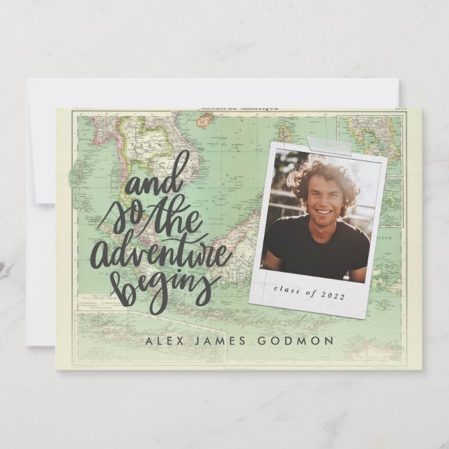 Adventure travel vintage map photo graduation announcement (Front)