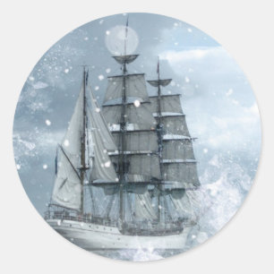 adventure winter snow storm vintage pirate ship classic round sticker