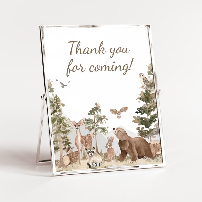 Adventure Woodland Animals Thank you for Coming Poster (Woodland Animals Adventure Awaits Baby Shower Thank you for Coming Sign)