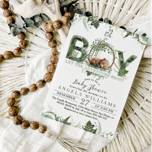 Adventure Woodland Bear Baby Boy Shower Invitation