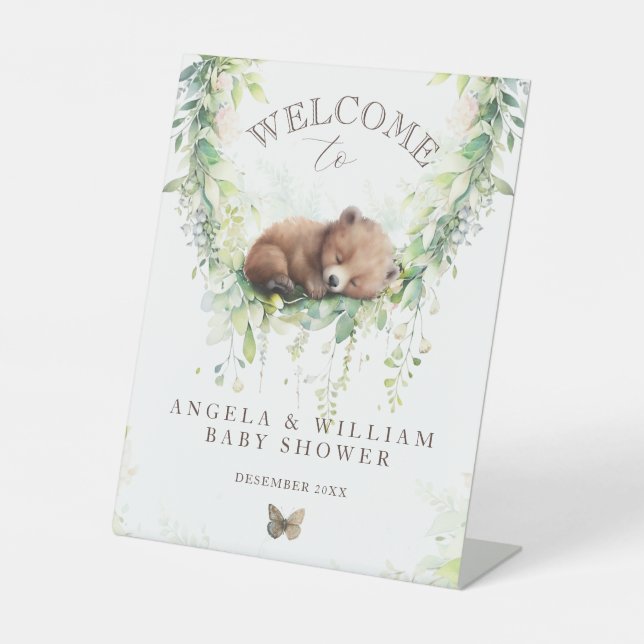 Adventure Woodland Bear Baby Shower Welcome  Pedestal Sign (Front)