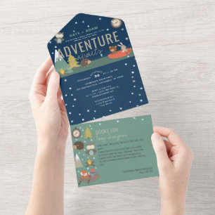 Adventure Woodland & Books Boy Navy Baby Shower All In One Invitation