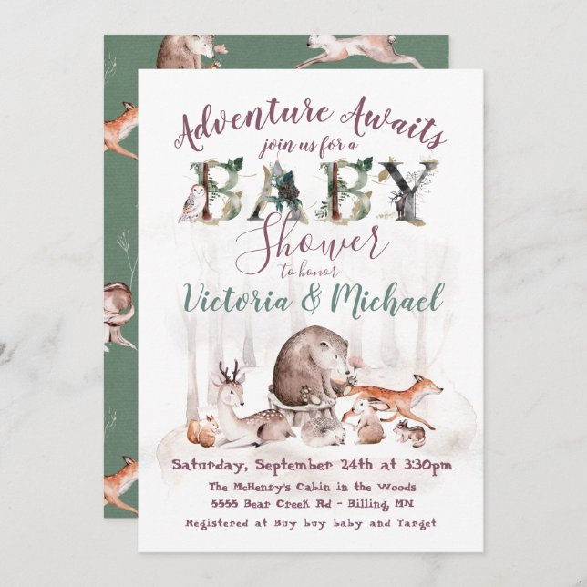 Adventure Woodland forest Animals Baby Shower Invitation (Front/Back)