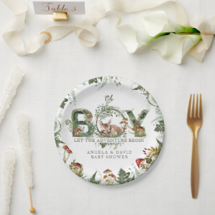 Adventure Woodland Mushroom Fern Baby Boy Shower Paper Plate