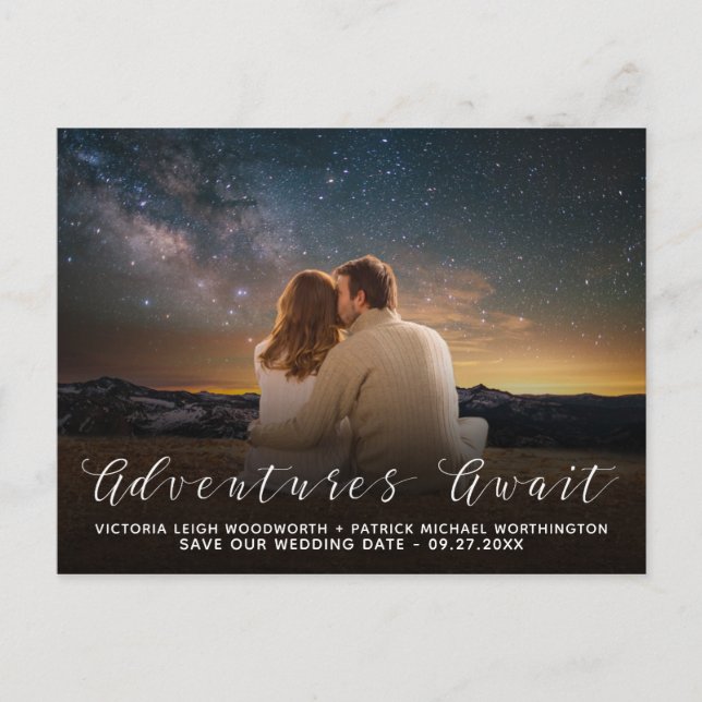 Adventures Await Photo Wedding Save the Date Announcement Postcard (Front)